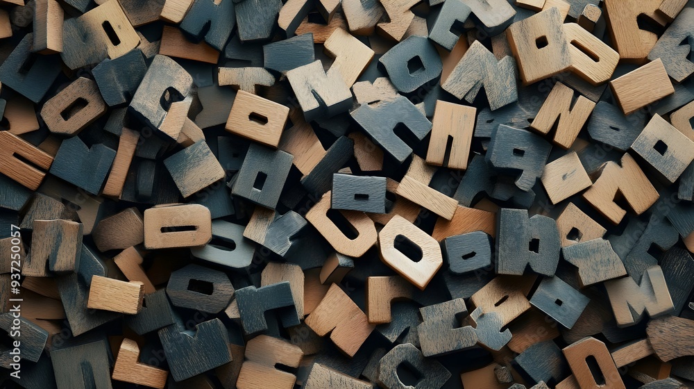 Poster top view of scattered alphabet letters in various typography styles arranged on a plain minimalist b