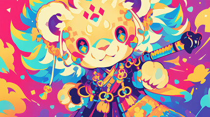 Cute lion wearing Japanese samurai armor, cool poses, cute kawaii, simple, smiling happy. high quality, neon psychedelic background