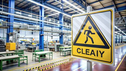 Photo Realistic as Safety sign and production floor concept as A safety sign paired with a production floor representing the importance of clear safety signage in manufacturing environments ideal for 
