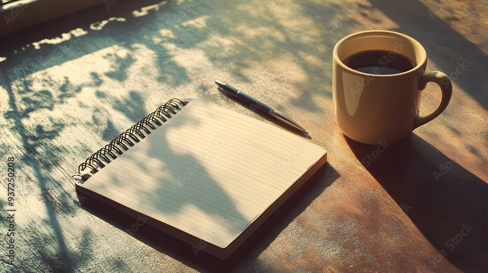 Poster organized desktop scene with coffee cup notepad and pen provides a neat and focused workspace for wr