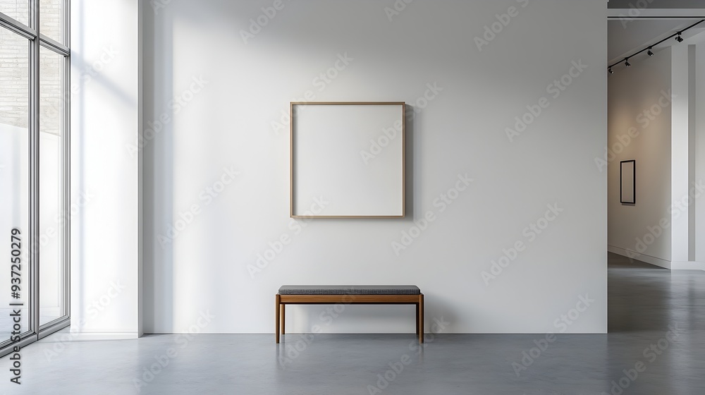 Poster clean minimalist white wall with a simple picture frame hanging in the center providing a blank canv