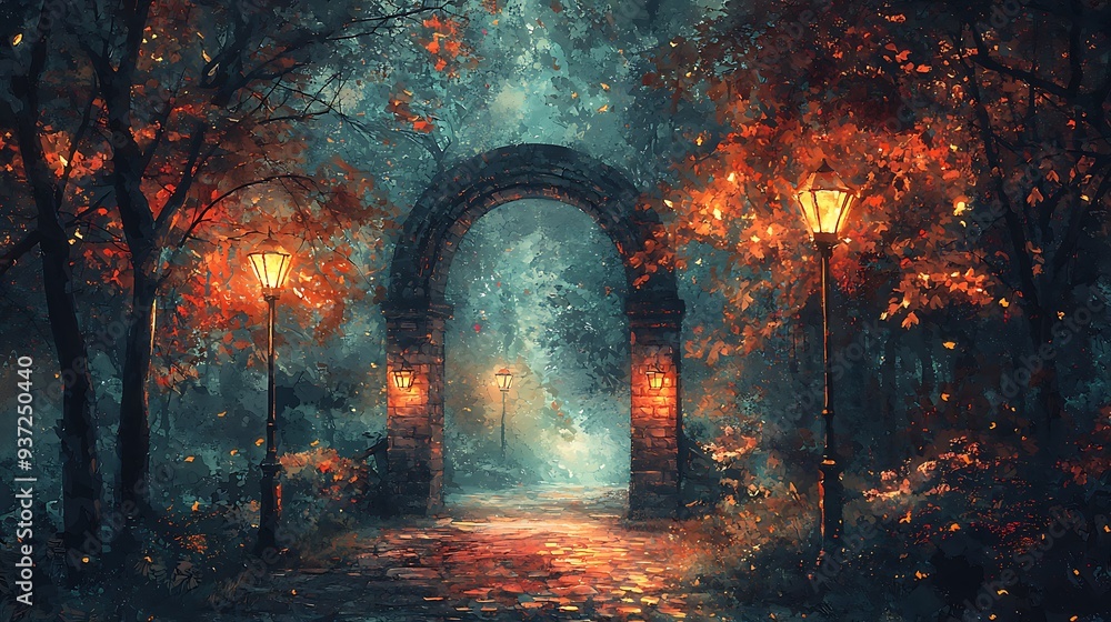 Poster mystical stone archway in an autumn forest with lanterns, creating a serene and magical scene that b