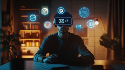 Immersed in a Digital Metaverse: A young man experiences the future of connectivity in his home office, seamlessly navigating virtual interfaces through VR goggles. 