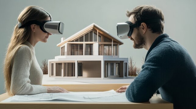 Virtual Reality Home Design: A couple wearing VR headsets explores a digital model of their dream home, showcasing the innovative and immersive nature of modern architecture. 