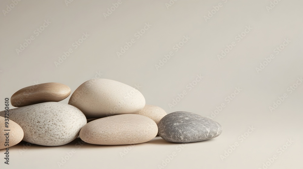 Poster smooth rounded stones arranged on a neutral background with ample copy space for designers advertise