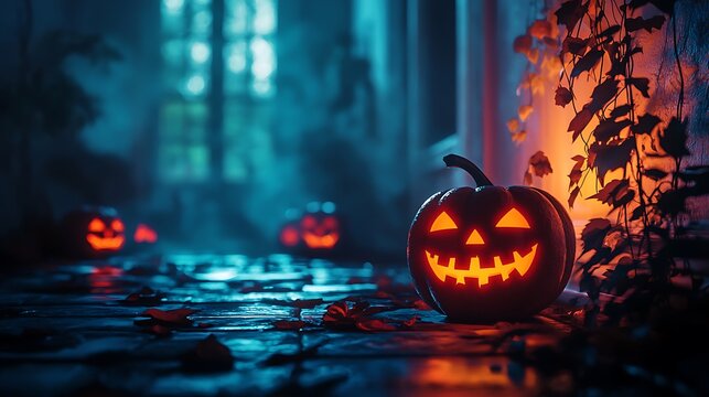 Glowing Jack O' Lantern on a cobblestone path with a moody Halloween atmosphere, blending festive spookiness with an eerie setting.