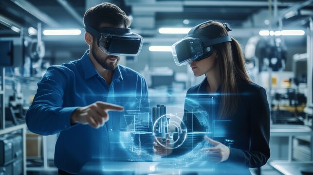 VR Collaboration: A futuristic vision of innovation with a man and woman wearing VR headsets and interacting with a holographic 3D model in a modern industrial setting. The image embodies cutting-edge - Powered by Adobe