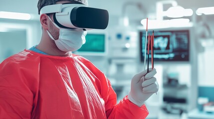 VR Surgeon: A focused surgeon wearing a VR headset and surgical gown, prepares for a groundbreaking operation, holding specialized tools in a sterile operating room. The image portrays the intersectio