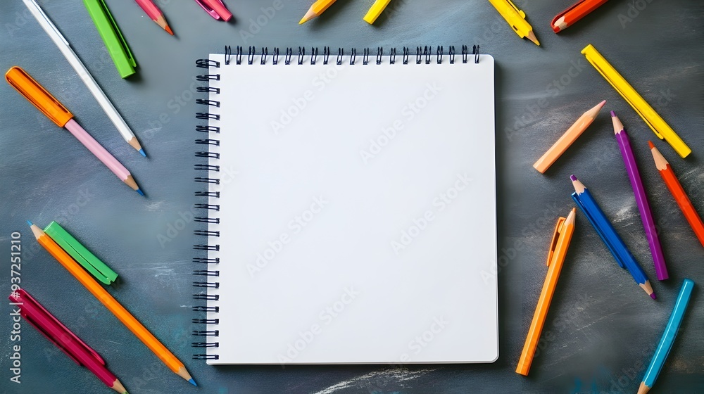 Aufkleber blank spiral notebook open on a desk with scattered pens pencils and other stationery supplies aroun