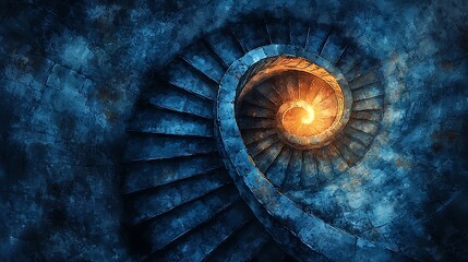 Abstract spiral staircase, blue and orange, painted texture, capturing the dynamic movement and visual intrigue of a twisting, colorful path.