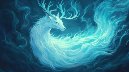 Obraz premium A mystical creature emerges from ethereal blue mist, blending elements of magic and nature in this enchanting illustration.