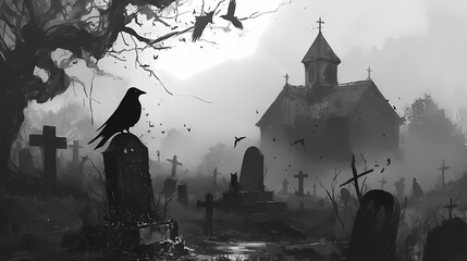 Creepy Graveyard Crow Scene in Black and White Horror Anime Manga Style