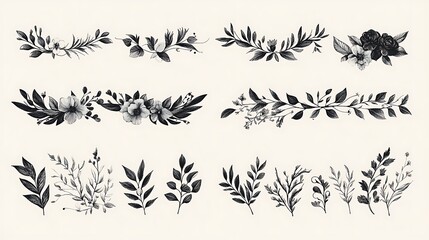 Black and white floral illustration set, capturing the elegance and simplicity of botanical art in a minimalist style.