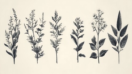 Naklejka premium Hand-drawn black and white botanical illustration of six plants, blending detailed line work with the simplicity of monochrome design.