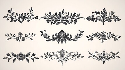 Vintage floral ornaments, black and white hand-drawn vector set, blending classic design with the simplicity of monochrome art.