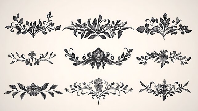 Vintage floral ornaments, black and white hand-drawn vector set, blending classic design with the simplicity of monochrome art.