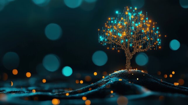 Ingenious poster featuring a tree with JavaScript code branches, symbolizing expansion and advancement