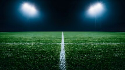 A stadium with a bright green field and a dark sky