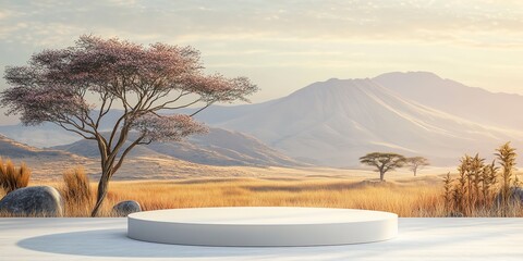 Fototapeta na wymiar product podium presentation for advertisement with tree and mountain africa savanna background