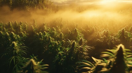 A serene landscape of cannabis plants basking in golden sunlight with a misty atmosphere.