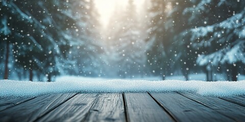 The scene is a scenic winter landscape with a copy space. Wooden flooring is scattered with snow in a forest with fir trees engulfed in white snow.