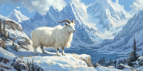 Fototapeta premium The goat in the snowy mountains 
