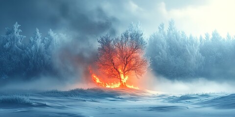 A captivating winter scene featuring a tree partially engulfed in flames against a cold, snowy landscape and a foggy backdrop. 