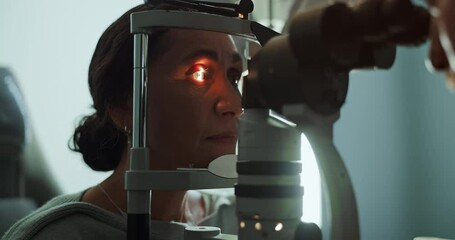 Healthcare, woman and eye test with machine, laser and appointment for vision, hospital and sight. Clinic, consultation and wellness with exam, tools and assessment of eyeball and optician with tech