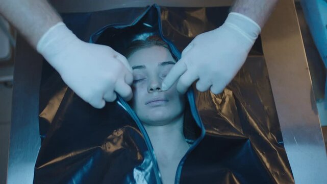 Body in a body bag at hospital being unzipped