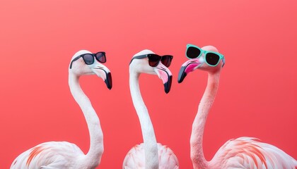 Naklejka premium Flamingos in Sunglasses Against Red Background