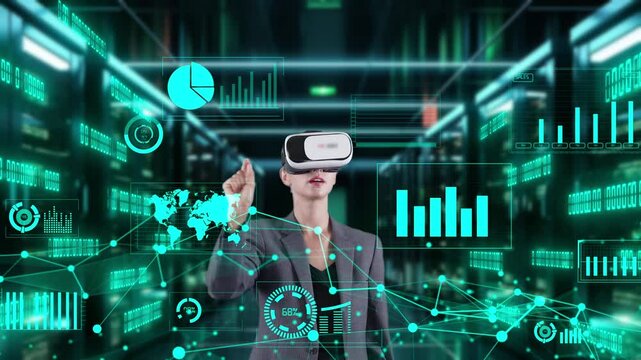 Businesswoman selecting dynamic market database scatter graph analysis monitor by VR future global innovation interface digital infographic network technology visual hologram animation. Contraption.
