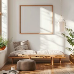 Rustic Farmhouse Living Room Mockup: Wooden Horizontal Frame with Blank White Poster, Shadow Overlay, Reflection.
