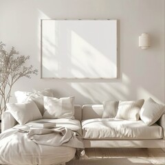 Warm and Cozy Room Mockup: Horizontal Wooden Poster Frame with Blank White Print in Farmhouse Style Setting.