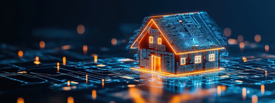 This contemporary poster shows the layout of a digital home with walls composed of HTML and CSS code.