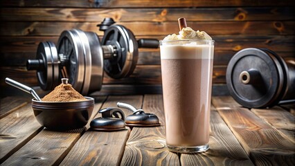 Obraz premium Freshly mixed protein shake with scoop and ingredients on a rustic wooden table, surrounded by fitness equipment and a water bottle in the background.
