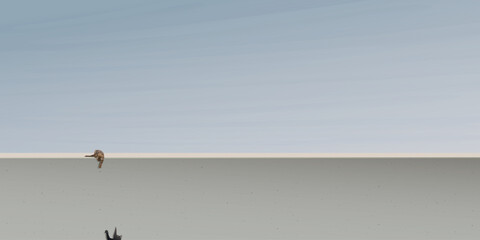 Cats playing together on cement wall with blue sky background graphic illustration have blank space.