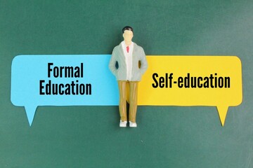 miniature people and colored paper with the words formal education and self-education. formal...