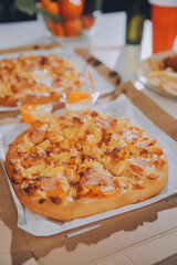 Group of young friends eating pizza.Home party.