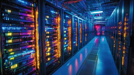 A high-tech data center filled with rows of servers, each unit adorned with blinking lights, indicating the constant flow and processing of data within a secure, ultra-modern facility 