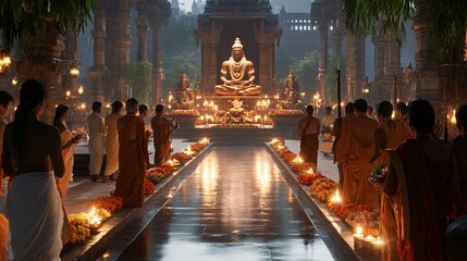 Monks and Worshippers Gather in Serene Candlelit Temple for Evening Ritual