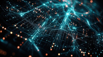 Obraz premium An abstract visualization of AI, featuring a complex web of interconnected nodes and circuits, with glowing lines representing the flow of information, set against a dark, futuristic background 