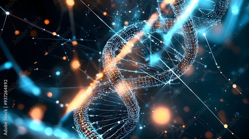 Poster abstract dna structure with glowing lines and points.