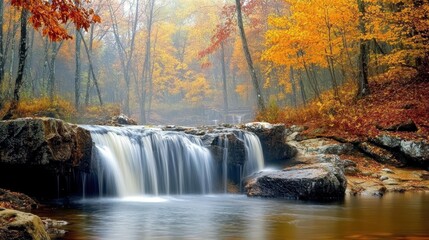 A serene waterfall surrounded by autumn foliage in a tranquil forest setting.