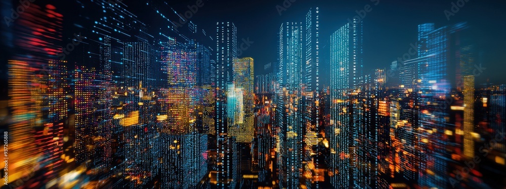 Poster poster featuring a digital city where skyscrapers are built from stacked code in multiple languages