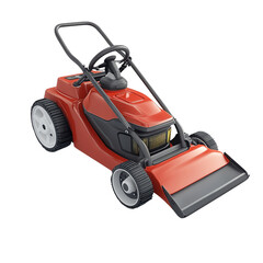 A modern red lawn mower with a sleek design, perfect for maintaining a pristine garden or yard.