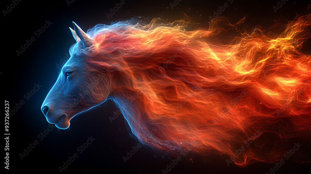 Wall mural horse, the head of a horse in a multi-colored flame. Abstract multicolored profile portrait of a dog head on a black background