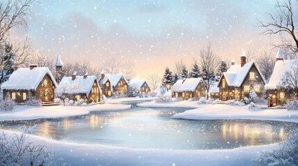 A serene winter landscape with cozy cottages, snow, and a frozen lake under a snowy sky.