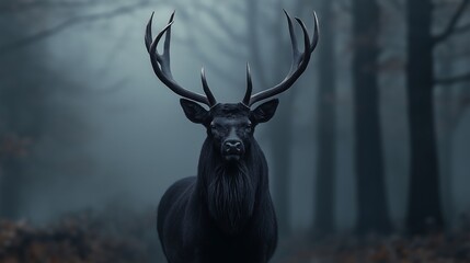 A dark fantasy portrait of an old stag with long hair and large antlers in the misty forest