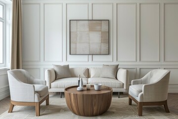 Art Deco Style Interior Design in Contemporary Living Room - Round Wooden Coffee Table, Armchairs, Sofa Against Classic White Wall.