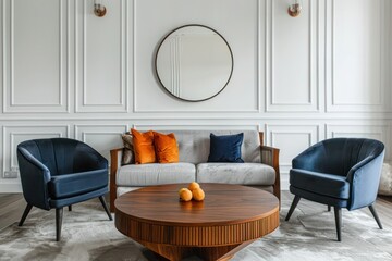 Elegant Art Deco Inspired Living Room Interior - Round Wooden Coffee Table, Armchairs, Sofa Against Classic White Paneling.